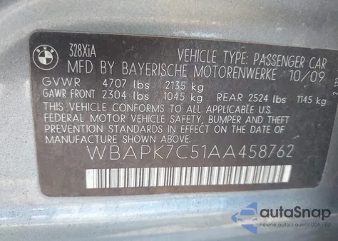 2010 BMW 328I xDrive z USA, uszkodzony, nr VIN WBAPK7C51AA458762